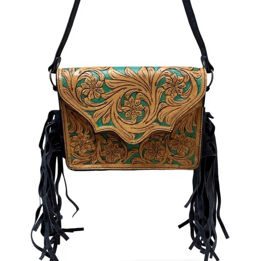 Elegant Floral Embossed Crossbody Bag with Fringe